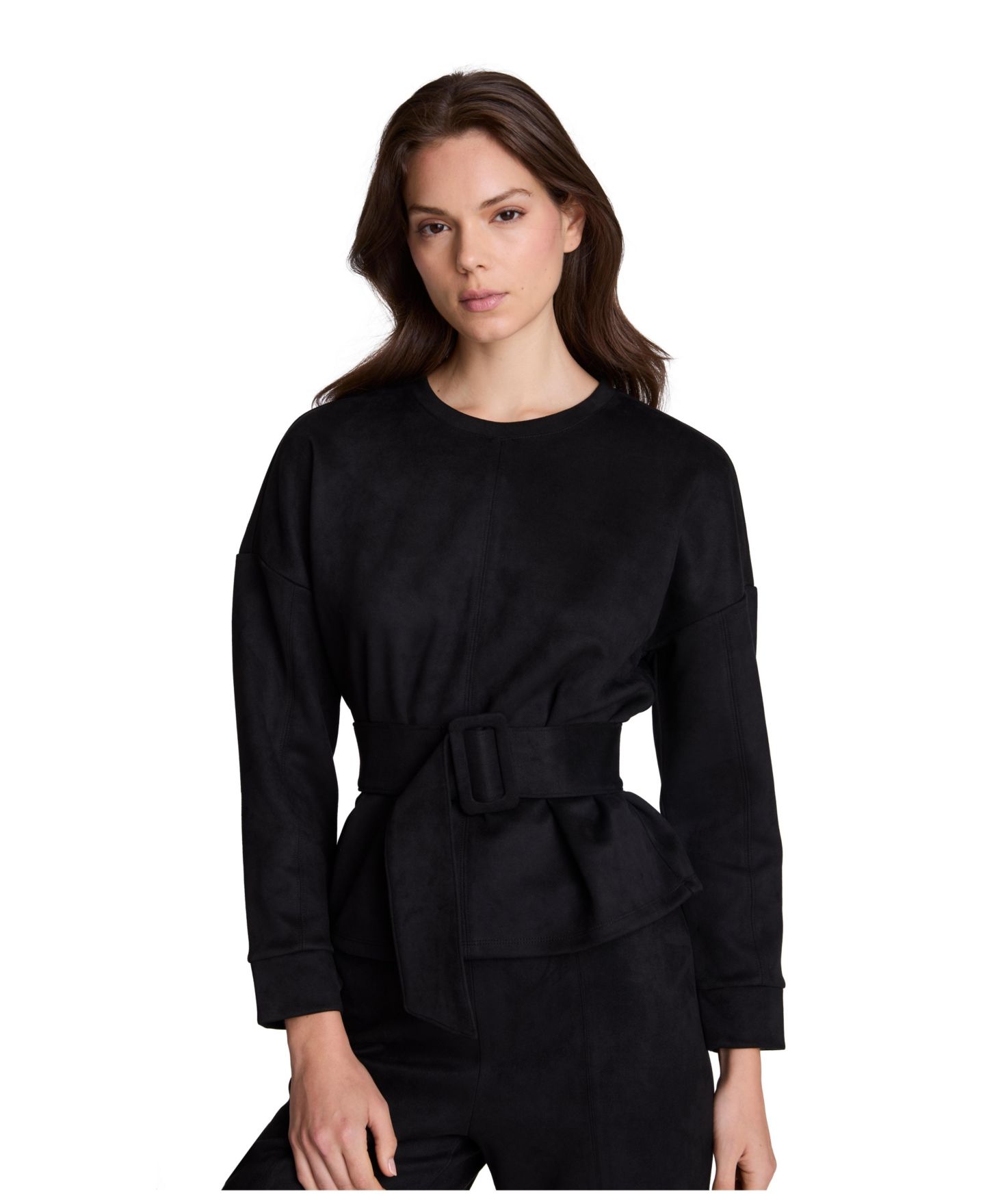 Женский свитер Kenneth Cole Faux Suede Belted Crewneck Long Sleeve Pullover, цвет: Чёрный — фото 2