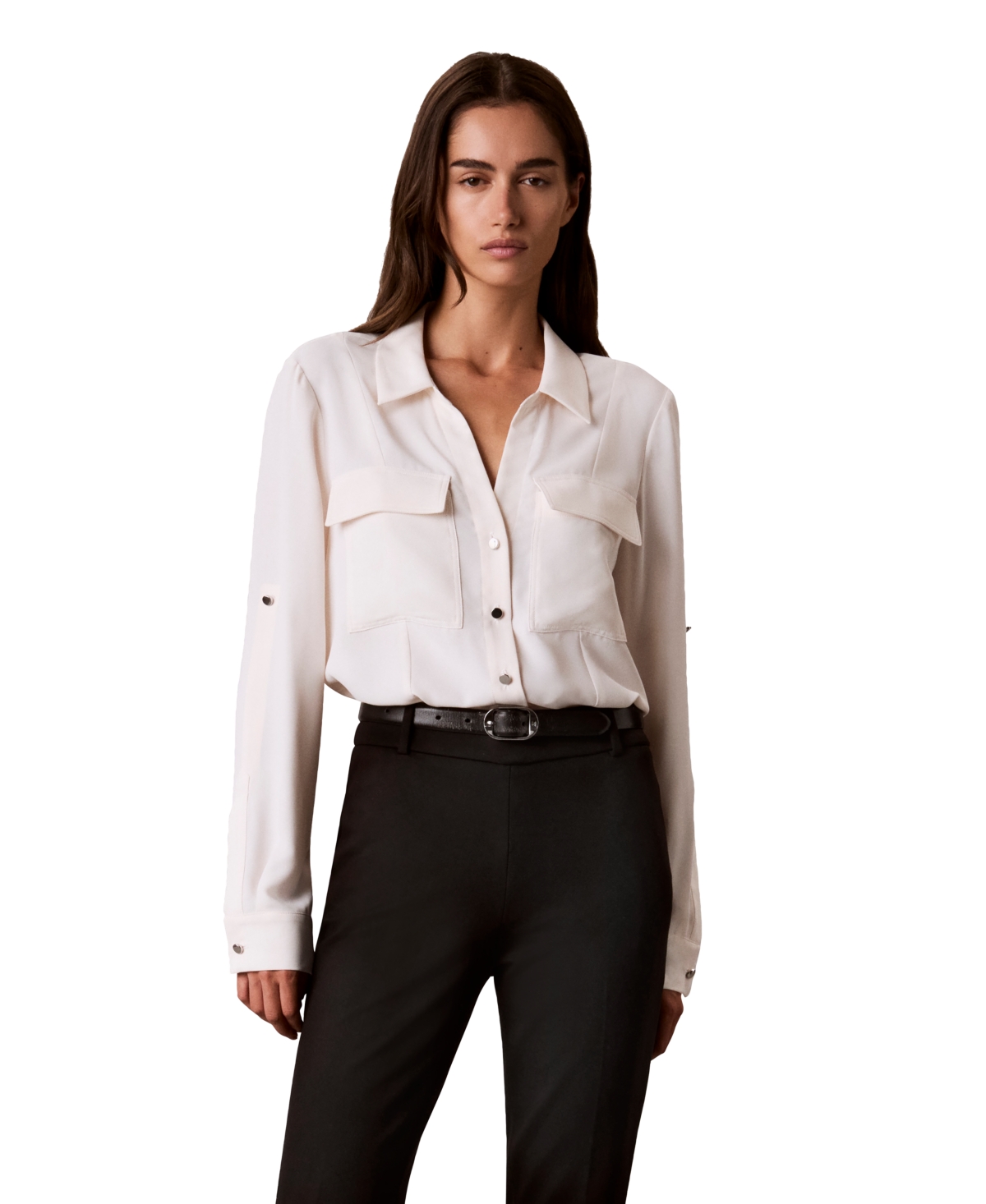 Calvin Klein Petite Equipment Y-Neck Button-Front Long-Sleeve Blouse - Seasalt