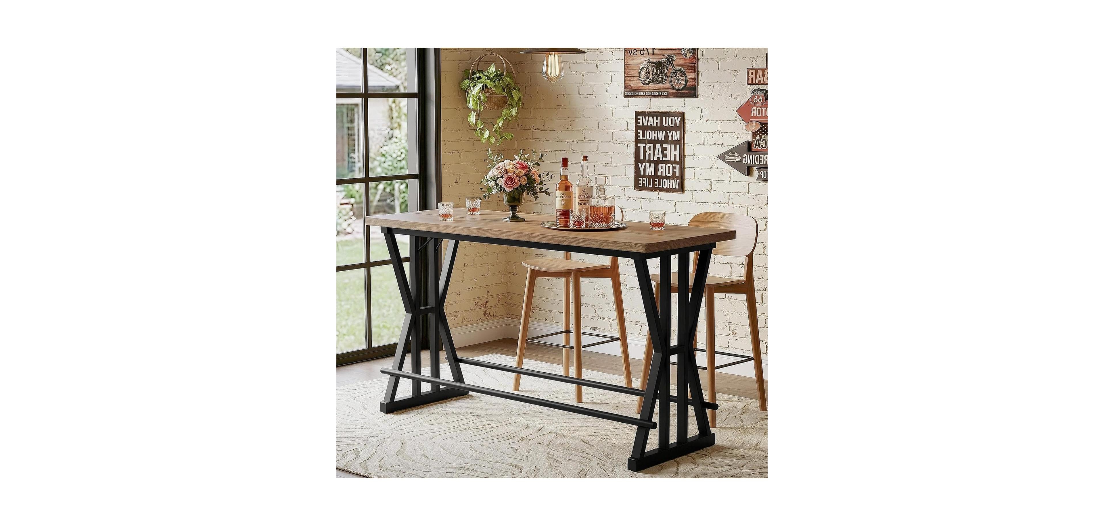 Tribesigns 62.99" Industrial Bar Table with Footrest and X-Leg