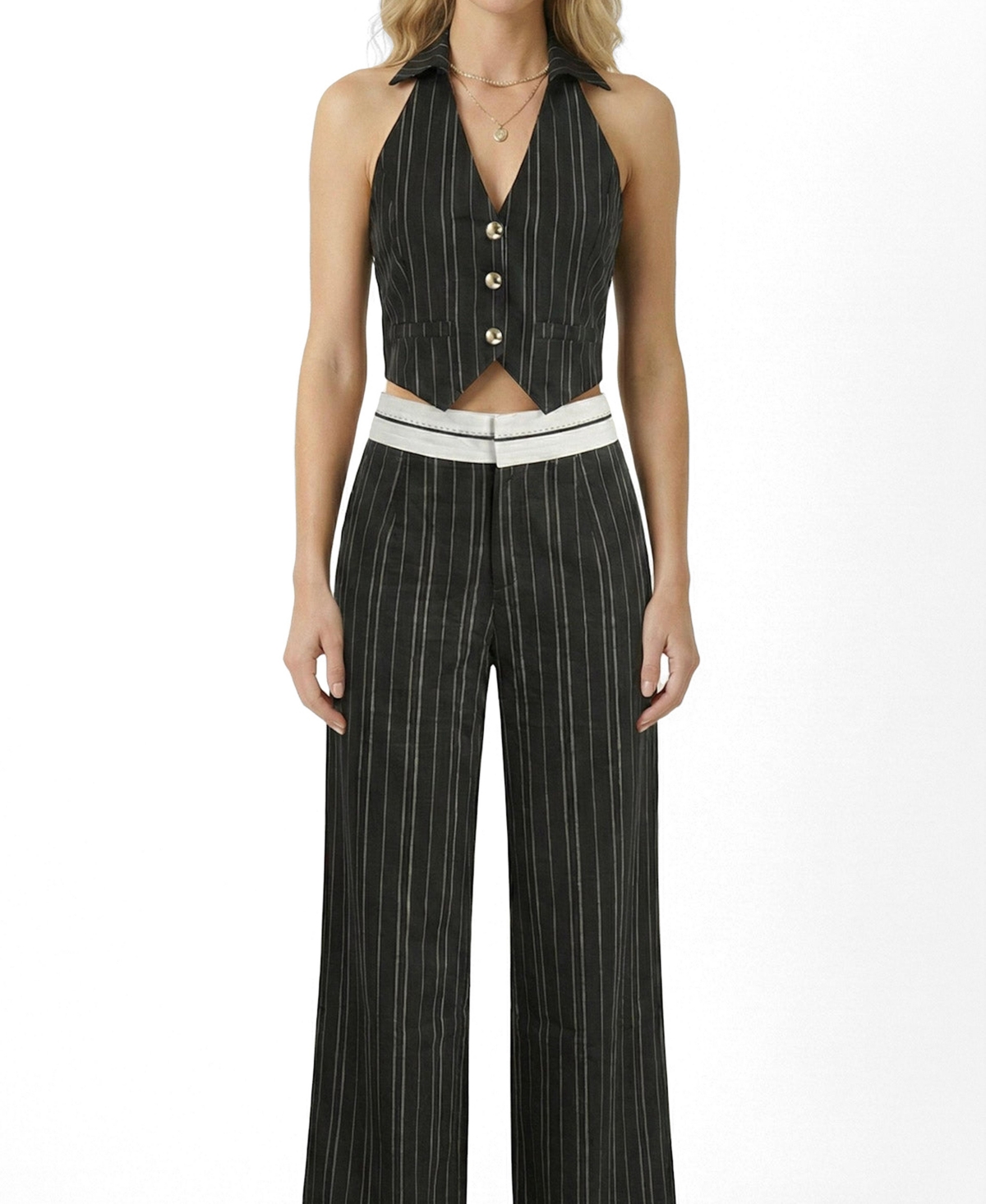 Modenaire Women's Pinstripe Halter Vest and Wide-Leg Pants, 2-Piece Set