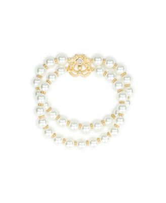 Stretch Imitation Pearl and Glass Crystal Gold-Tone Danish Print Bracelet