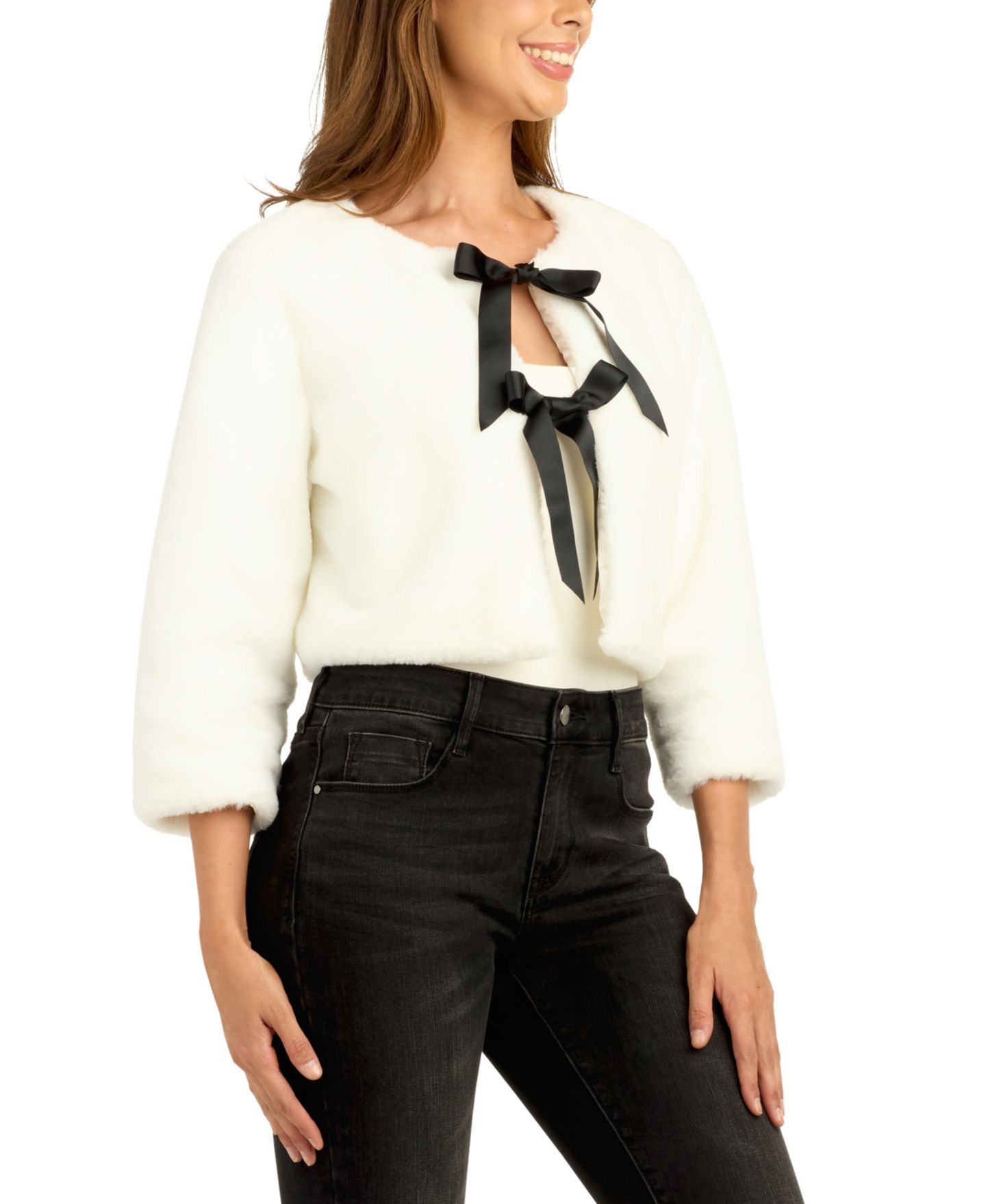 Женская куртка BCX Cropped 3/4-Sleeve Tie-Front Faux Fur, цвет: Слоновая кость — фото 2