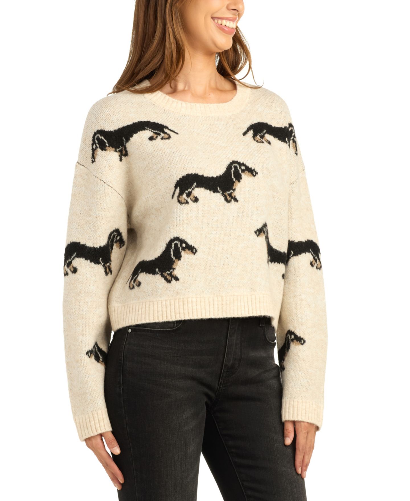 Женский свитер BCX Juniors' Long-Sleeve Dog-Print Cropped, цвет: Овсяный — фото 2