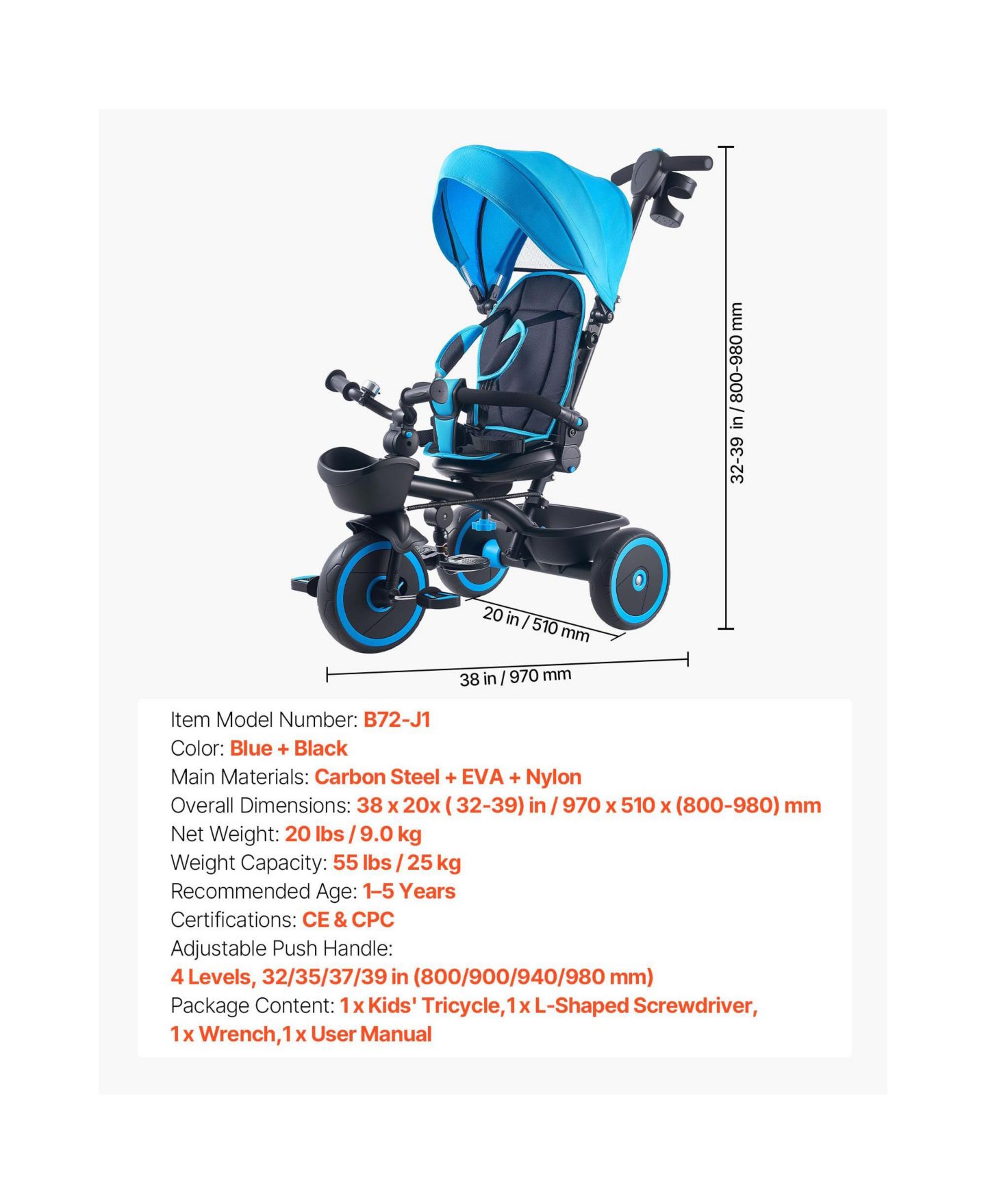 Детская игрушка HONGGE 6-in-1 Convertible Tricycle with Parent Push Handle and Canopy, 55-lb. Capacity, Ages 1-5, цвет: Синий чёрный — фото 9