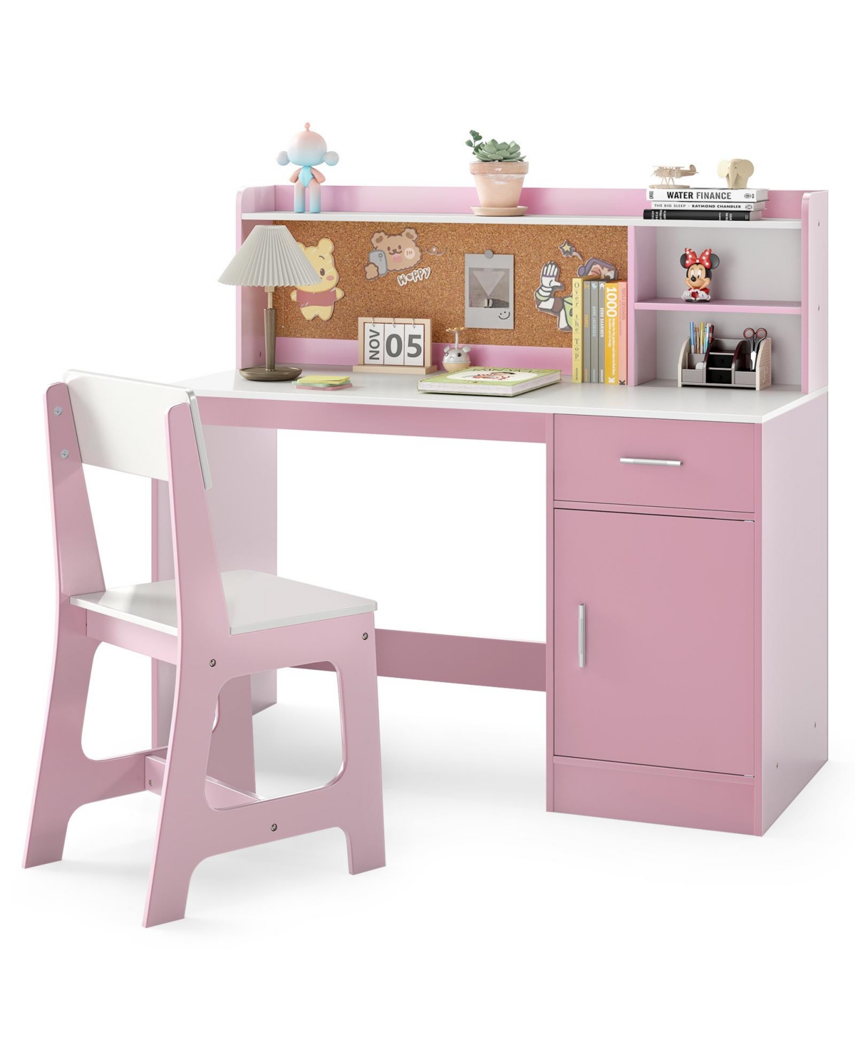 Costway Kids Study Desk and Chair Set with Shelves Drawer Storage Cabinet - Pink