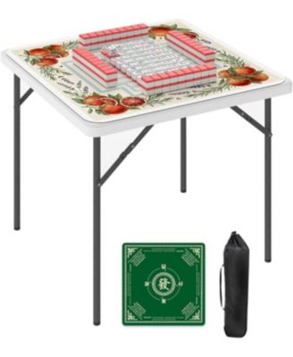 35" Square Folding Mahjong Table with Mahjong Mat, Portable 4 Player Game Card Table for Poker, Domino, Indoor and Outdoor Party