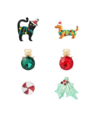 Glass Crystal Christmas Stud Earrings, 6-Piece Set