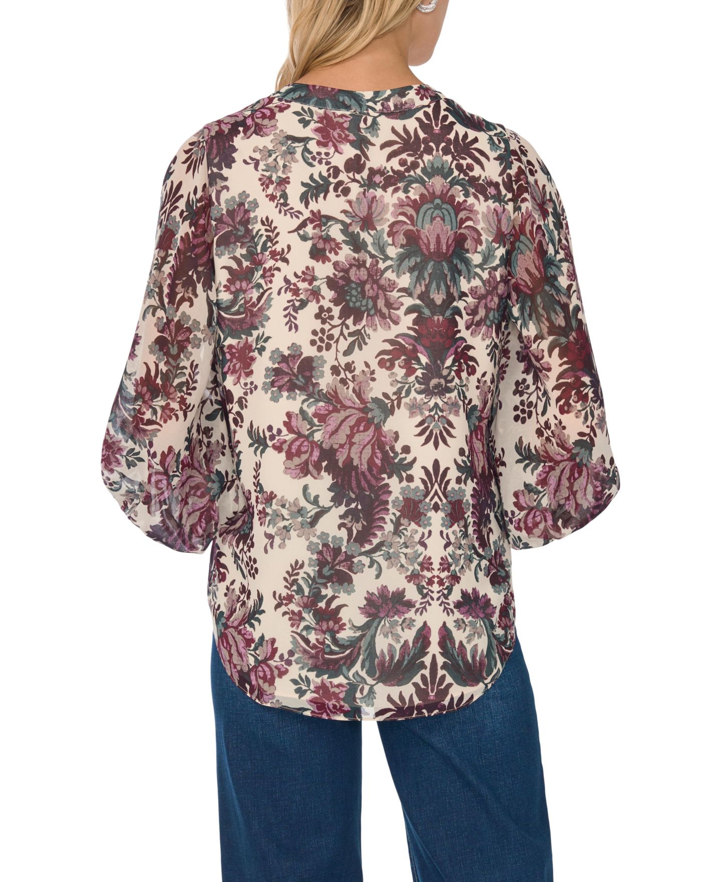 Женская блузка Vince Camuto Split Neck Floral-Print 3/4-Sleeve Chiffon, цвет: Rainy Day — фото 3