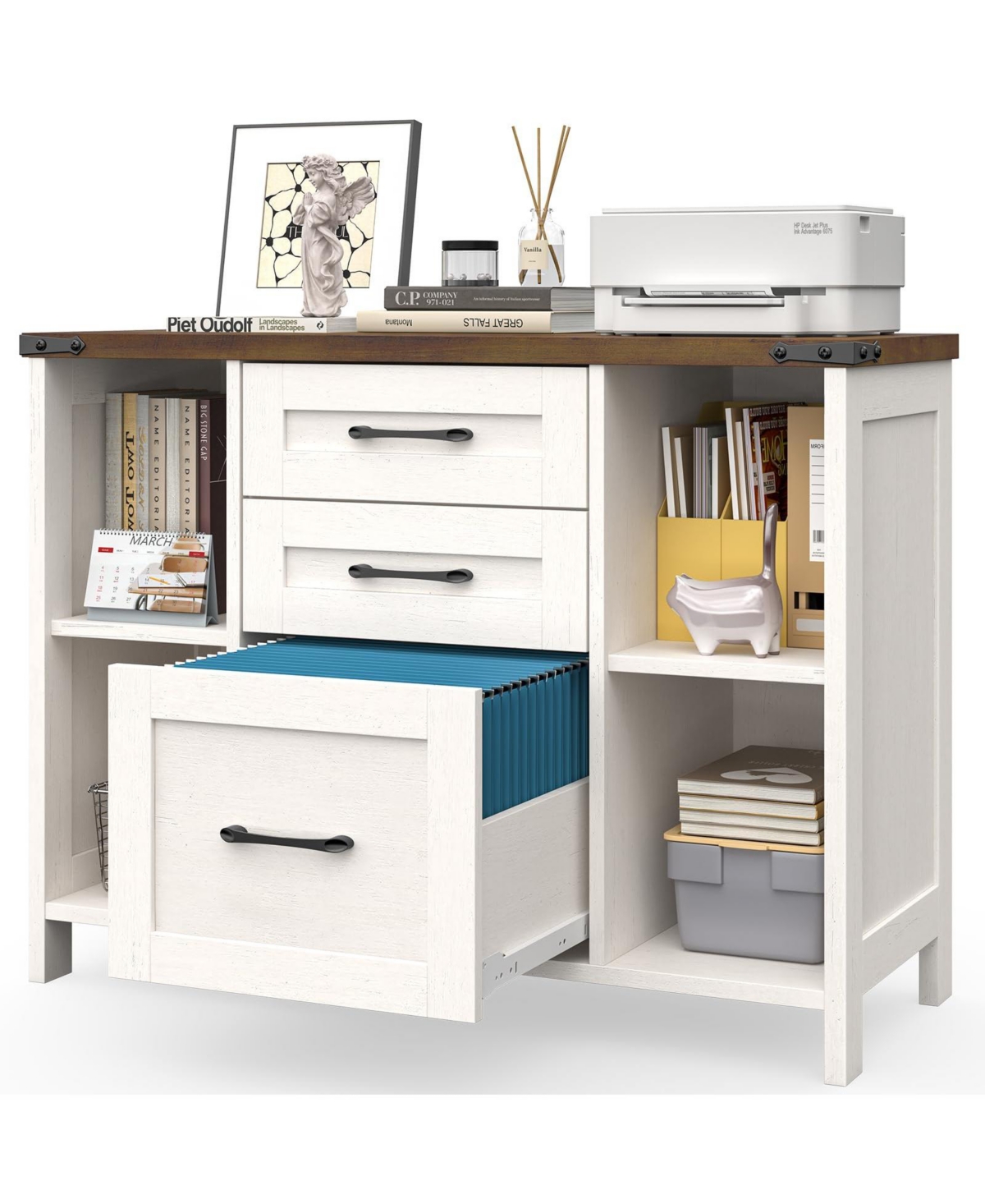 Vabches Lateral File Cabinet Fits Files Letter or A4 Size, Wooden Printer Stand, Adjustable Shelf - White
