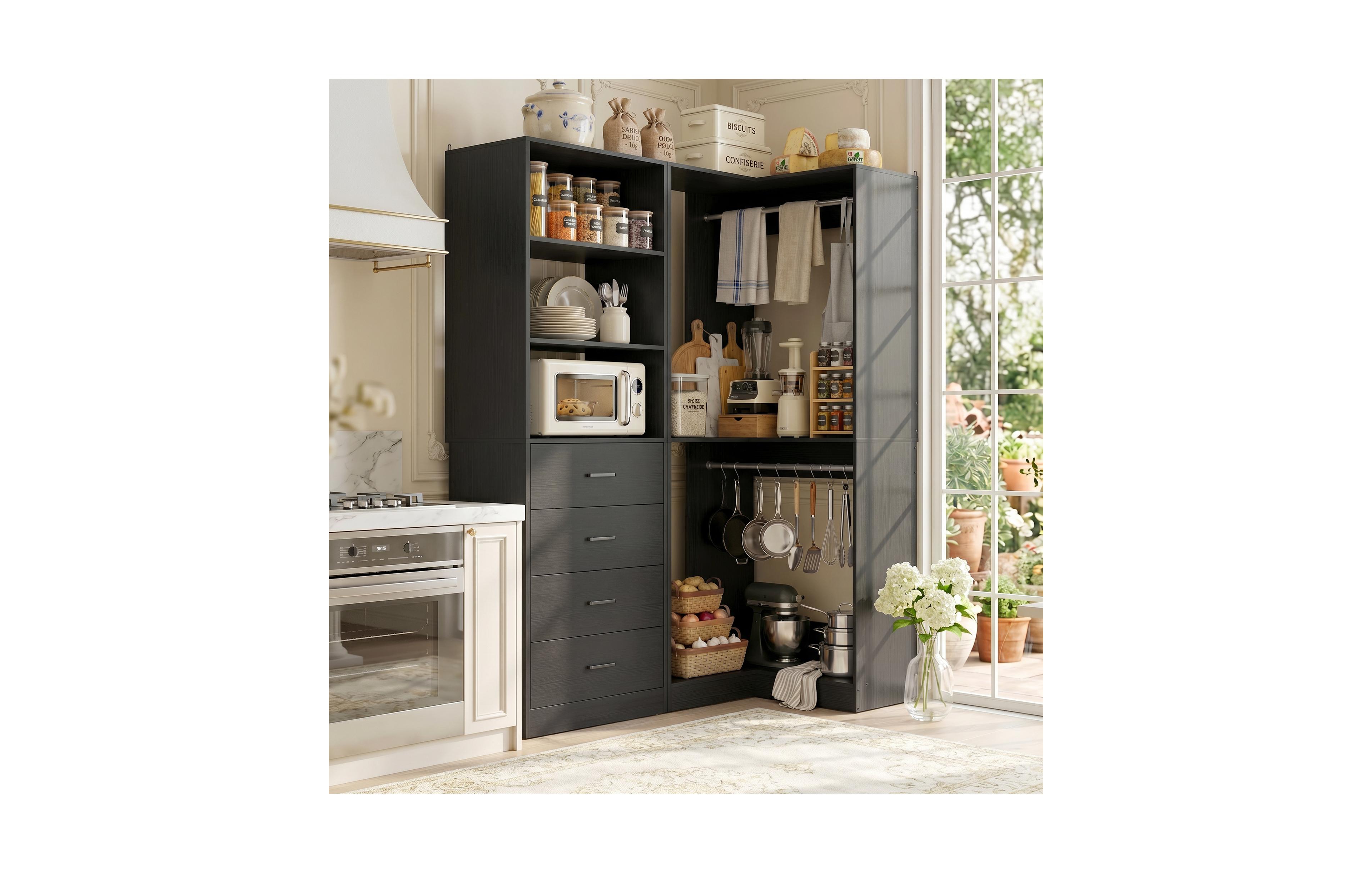 Aheaplus Corner Kitchen Storage Cabinet Set with 4-Drawers and 3-Shelves