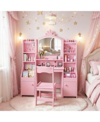 Large Kids Vanity Set with 3-Color Lighted Mirror and Jewelry Storage, Slanted Ladder Design