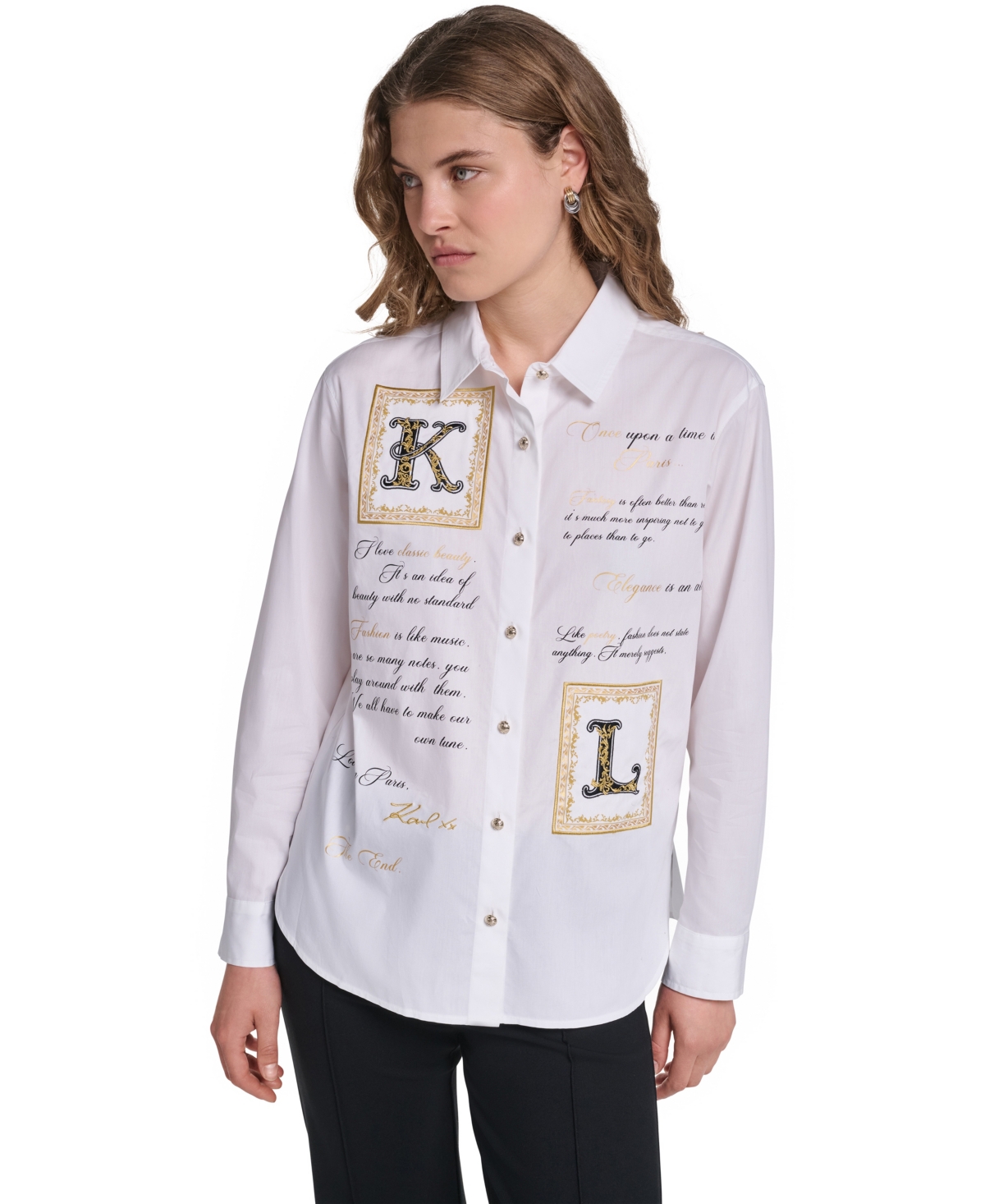 Karl Lagerfeld Paris Women's Kl Frames Button Down Long-Sleeve Point Collar Blouse