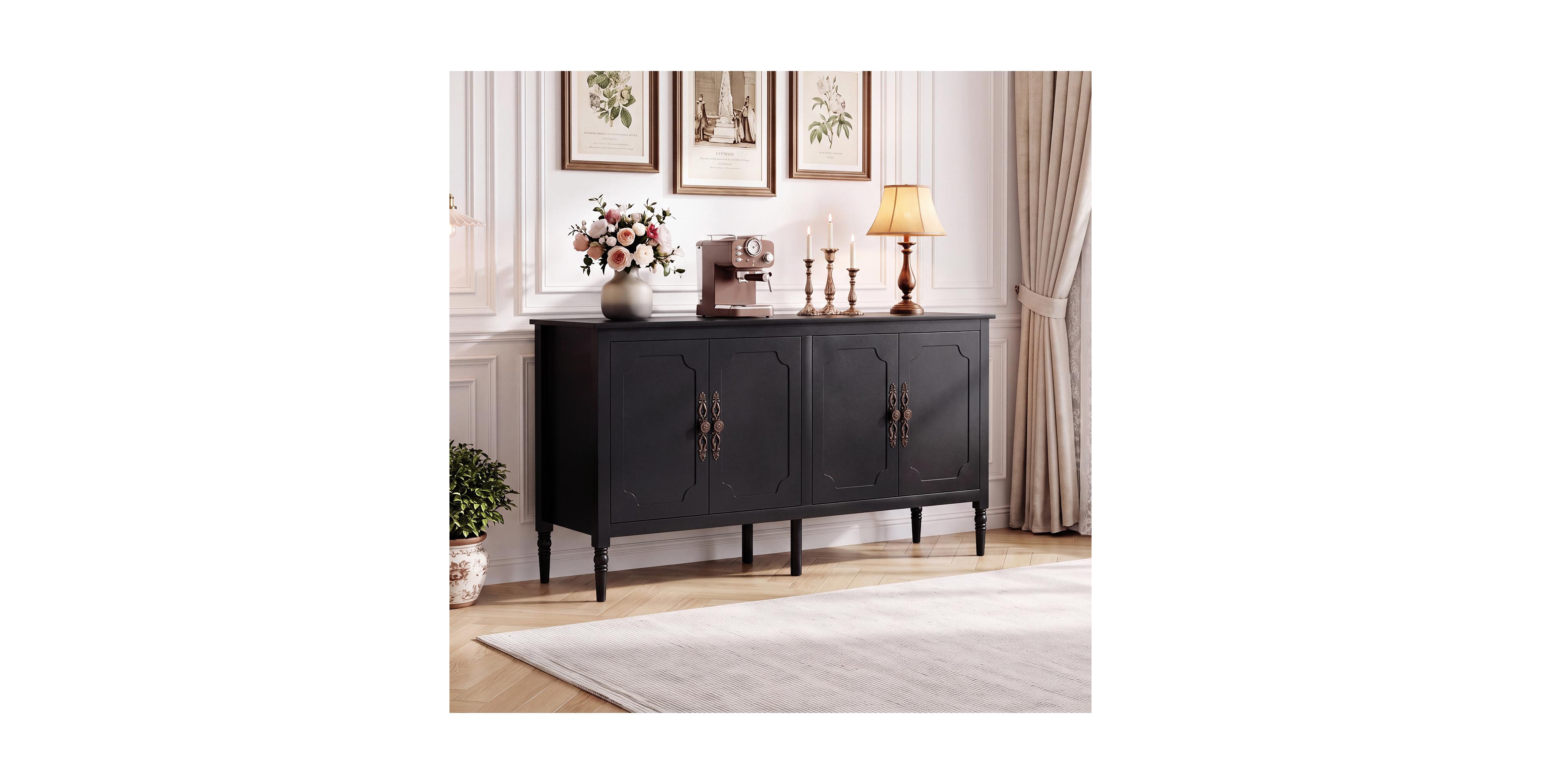 Costway 58-Inch Pine Wood Leg 4-Door 2-Shelf Storage Buffet Cabinet