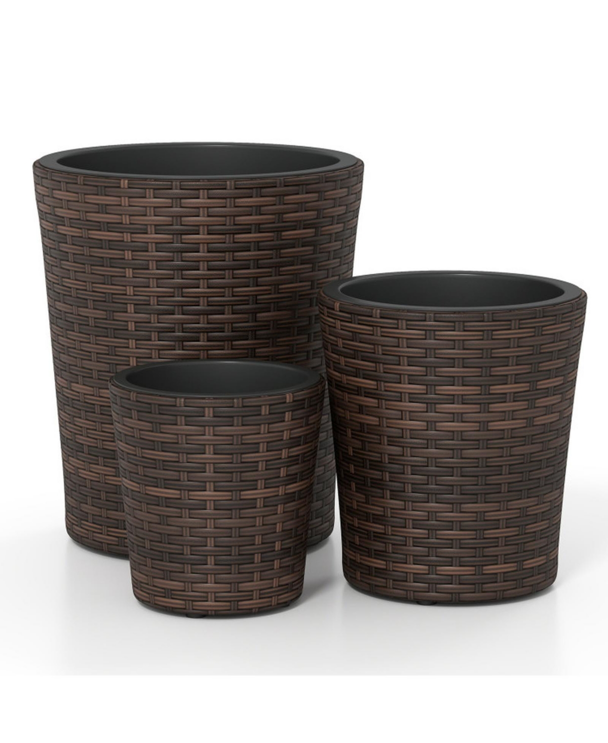 Sugift 3-Piece Tapered Rattan Planter Set with Drainage Holes and Saucers