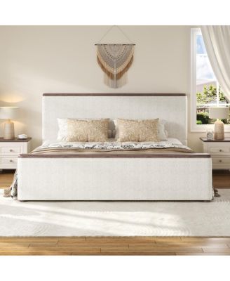 King Size Upholstered Platform Bed with Wood Decoration