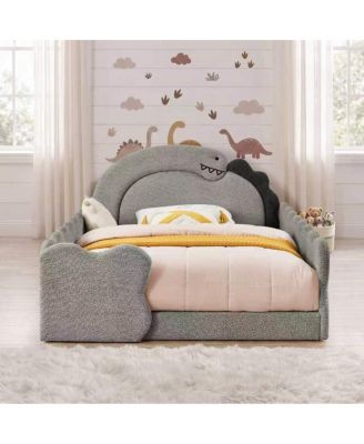 Cute Dinosaur Full Size Wood Bed Frame with Guardrail and Boucle Fabric