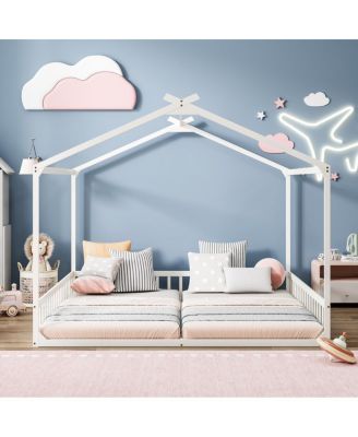 Double Twin House-Shaped Floor Bed with Safety Guardrails, without door