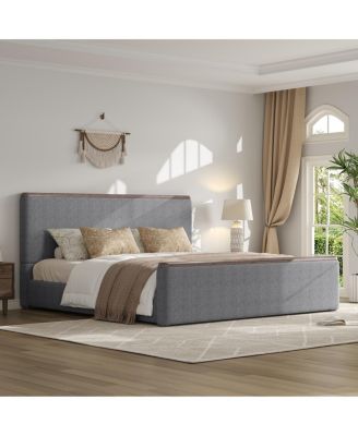 Queen Size Upholstered Platform Bed with Wood Decoration