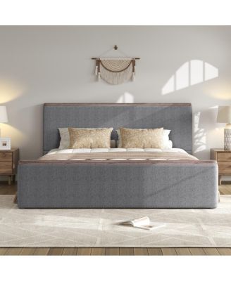 King Size Upholstered Platform Bed with Wood Decoration
