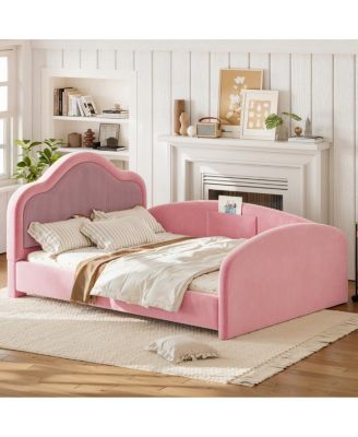 Upholstered Curved Headboard Kids Floor Bed with Storage Pocket