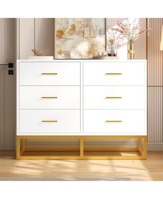 Modern 6-Drawer Dresser with Gold Legs, High-Gloss