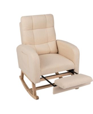 Nursery Rocking Chair Teddy Upholstered Rocking Chair w/Retractable Footrest Beige and Natural