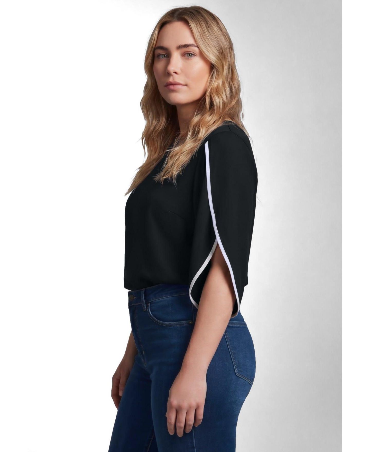 Женская блузка Avenue Plus Size Relaxed-Fit Contrast Tulip, цвет: Чёрный — фото 3