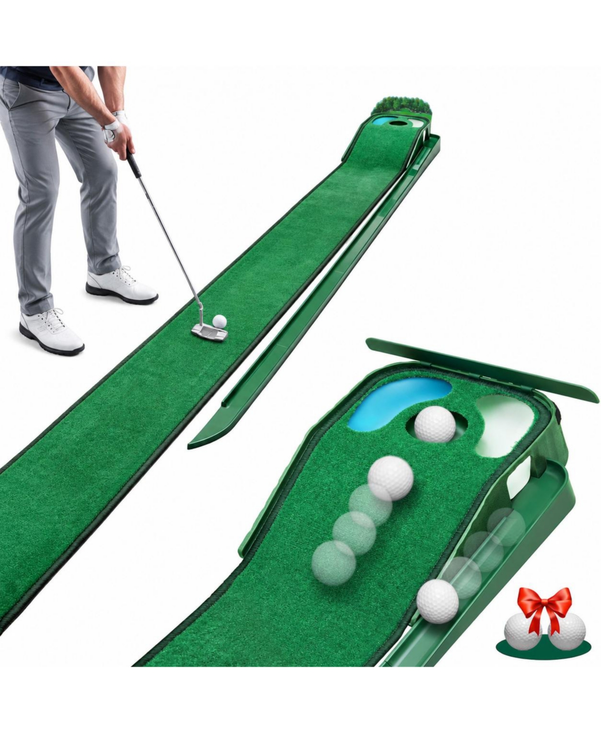 Peneyon Indoor Golf Putting Mat with Ball Return Hazards Training Aid