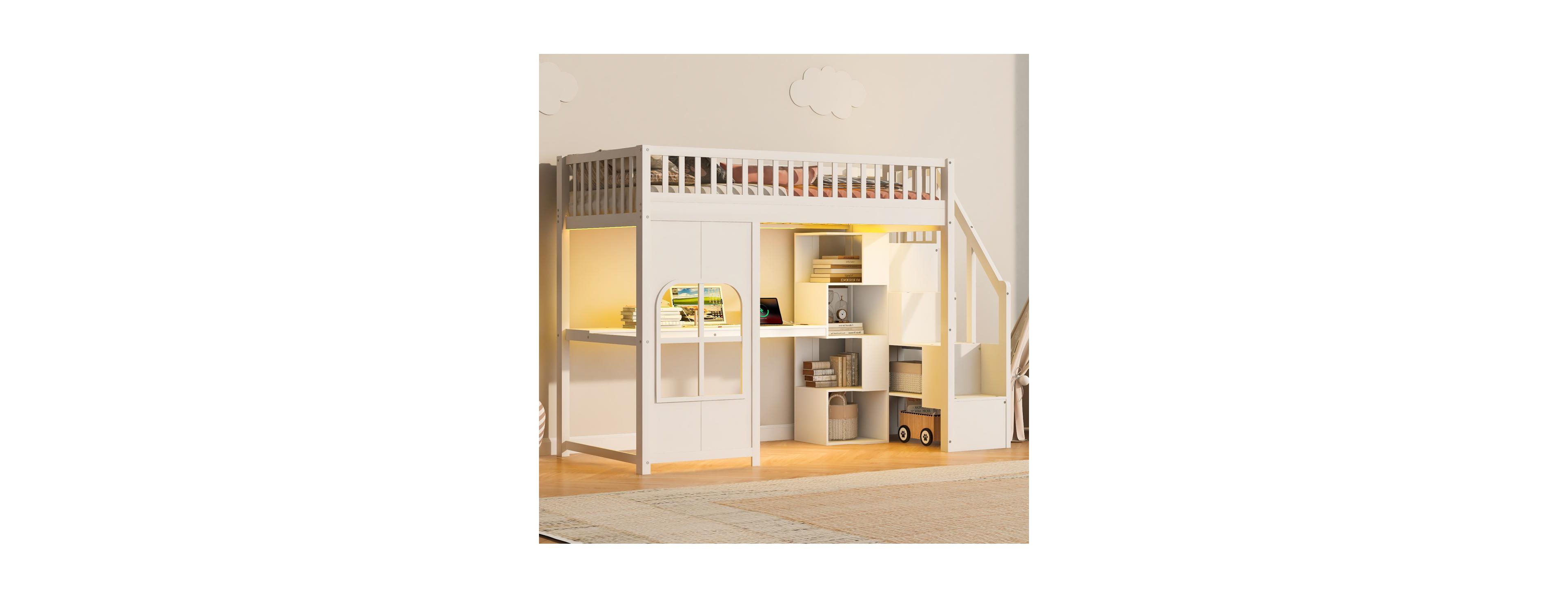 Streamdale Furniture Twin Loft Bed with Storage Stairs, Led, Usb, Shelves and Window