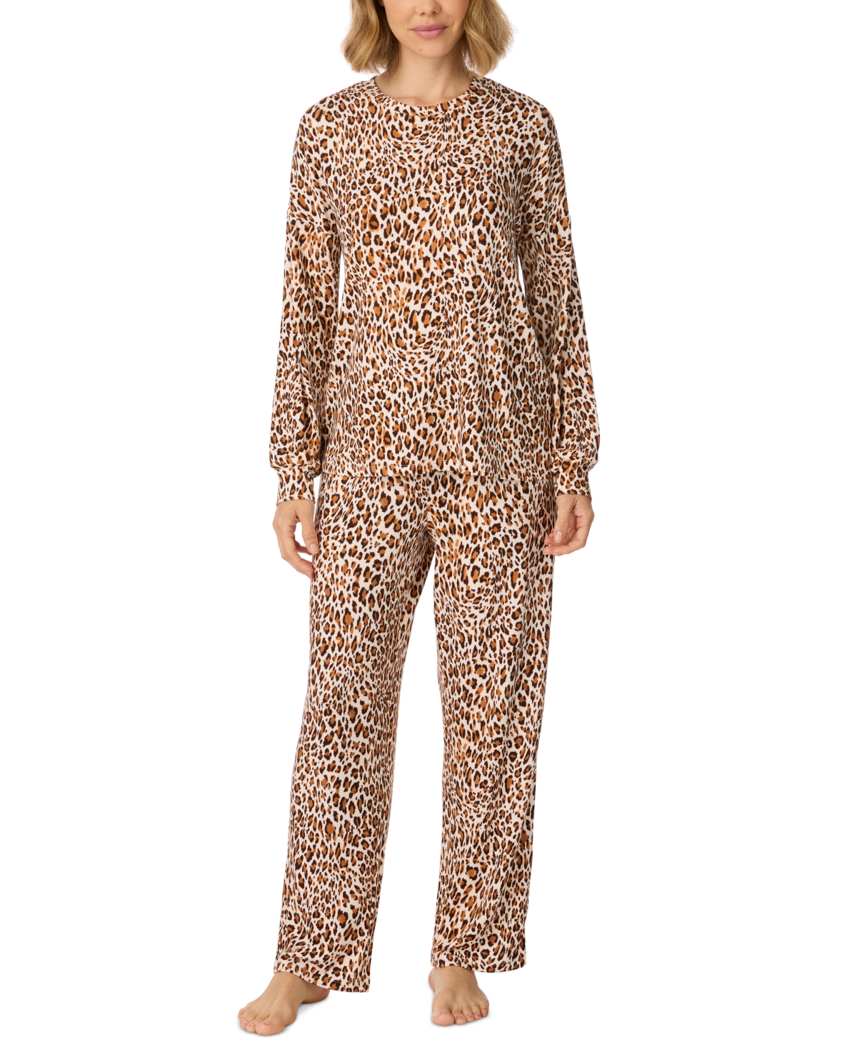 Ellen Tracy Women's Long-Sleeve Allover-Print Double-Brushed Sweater Knit Top and Pants, 2-Piece Set - Brown Animal Print