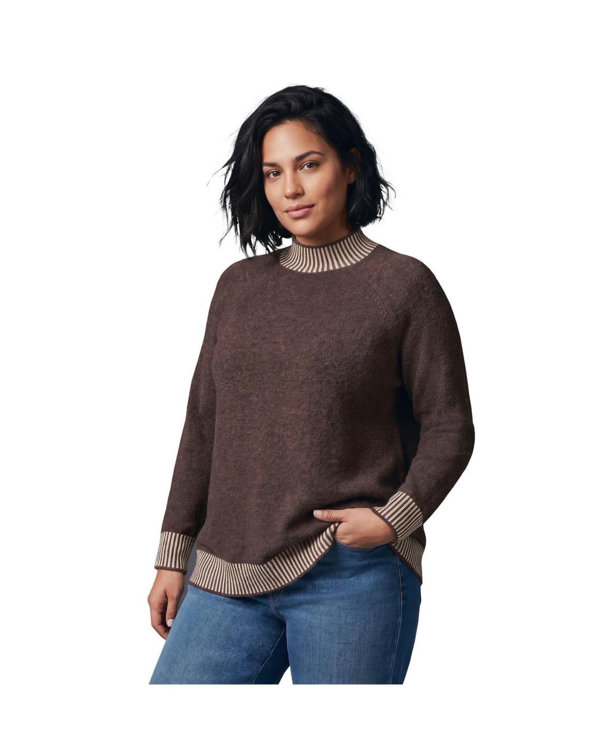 Avenue Plus Corinne Mock Neck Contrast Ribbing Raglan Sweater