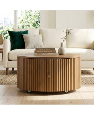 Fluted Drum Coffee Table with Dual Storage Drawers and Casters