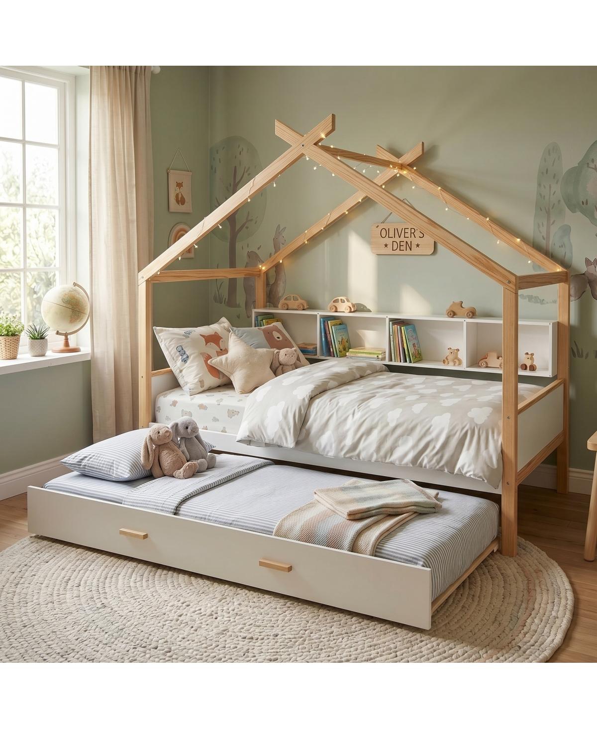 Streamdale Furniture Full Size Wooden House Bed with Trundle and Bookshelf Storage