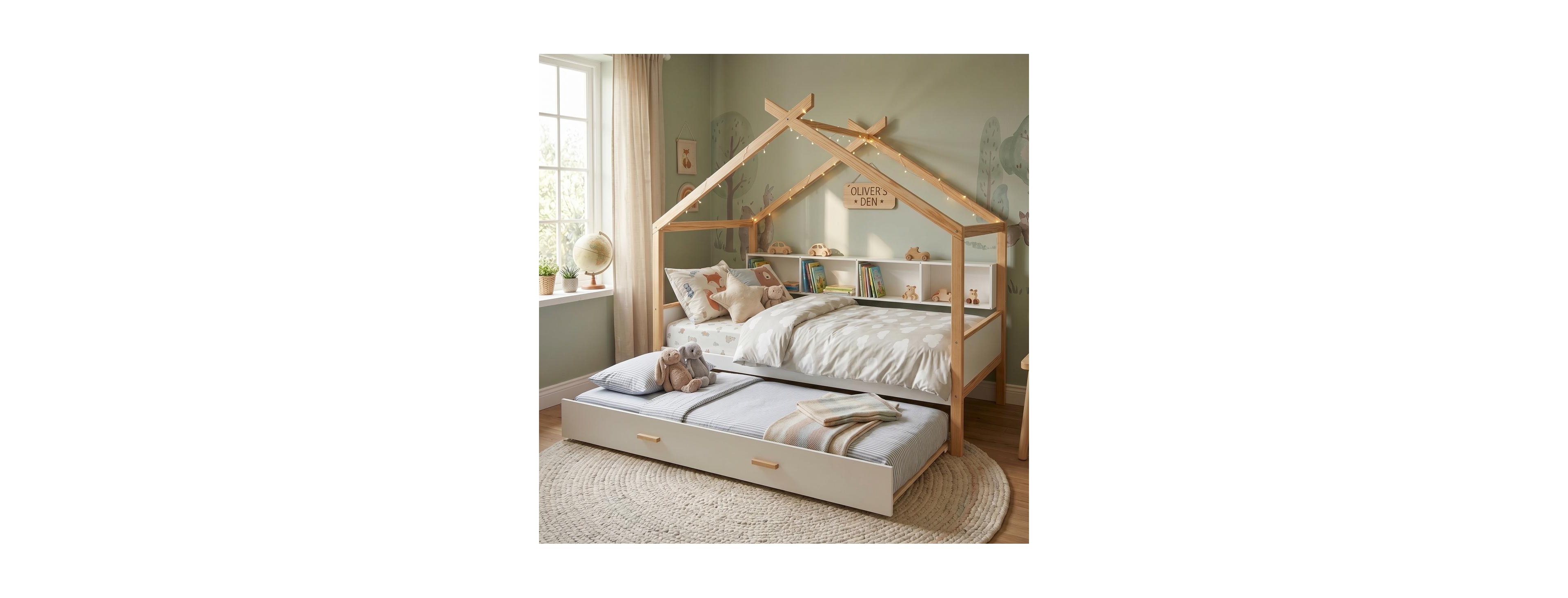 Streamdale Furniture Full Size Wooden House Bed with Trundle and Bookshelf Storage