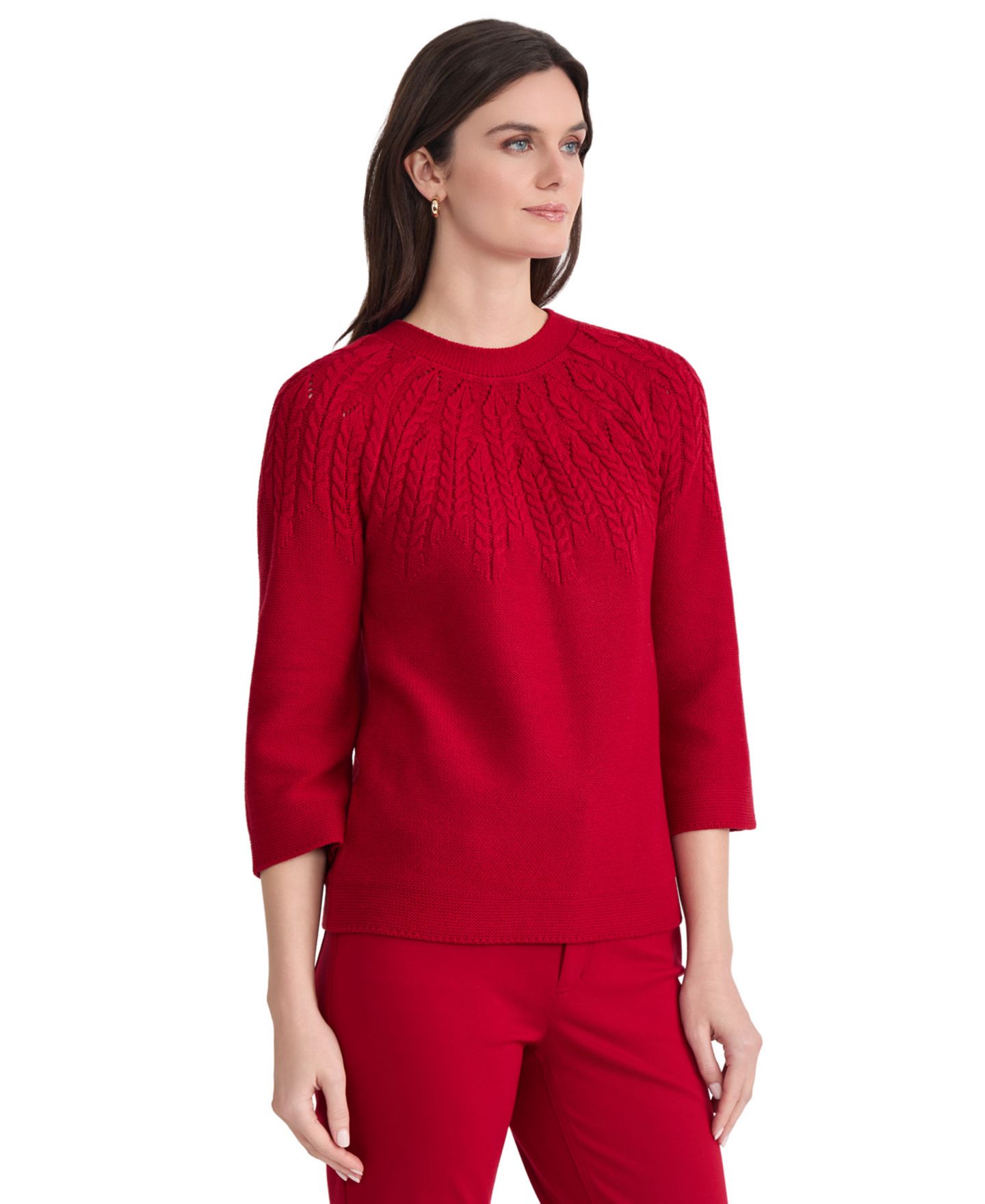 Женский свитер Jones New York Petite Cable Yoke Cable-Knit 3/4-Sleeve Pullover, цвет: Красный — фото 2