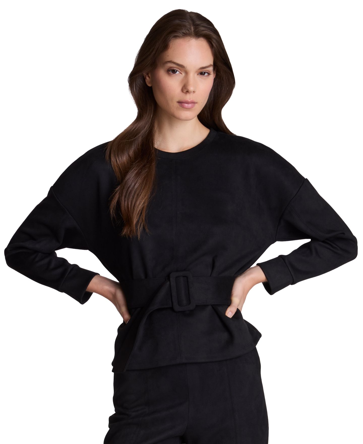 Женский свитер Kenneth Cole Faux Suede Belted Crewneck Long Sleeve Pullover, цвет: Чёрный — фото 1
