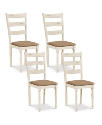 Set of 4 Rubber Wood Dining Chairs with Padded Linen Seat and Slatted Back