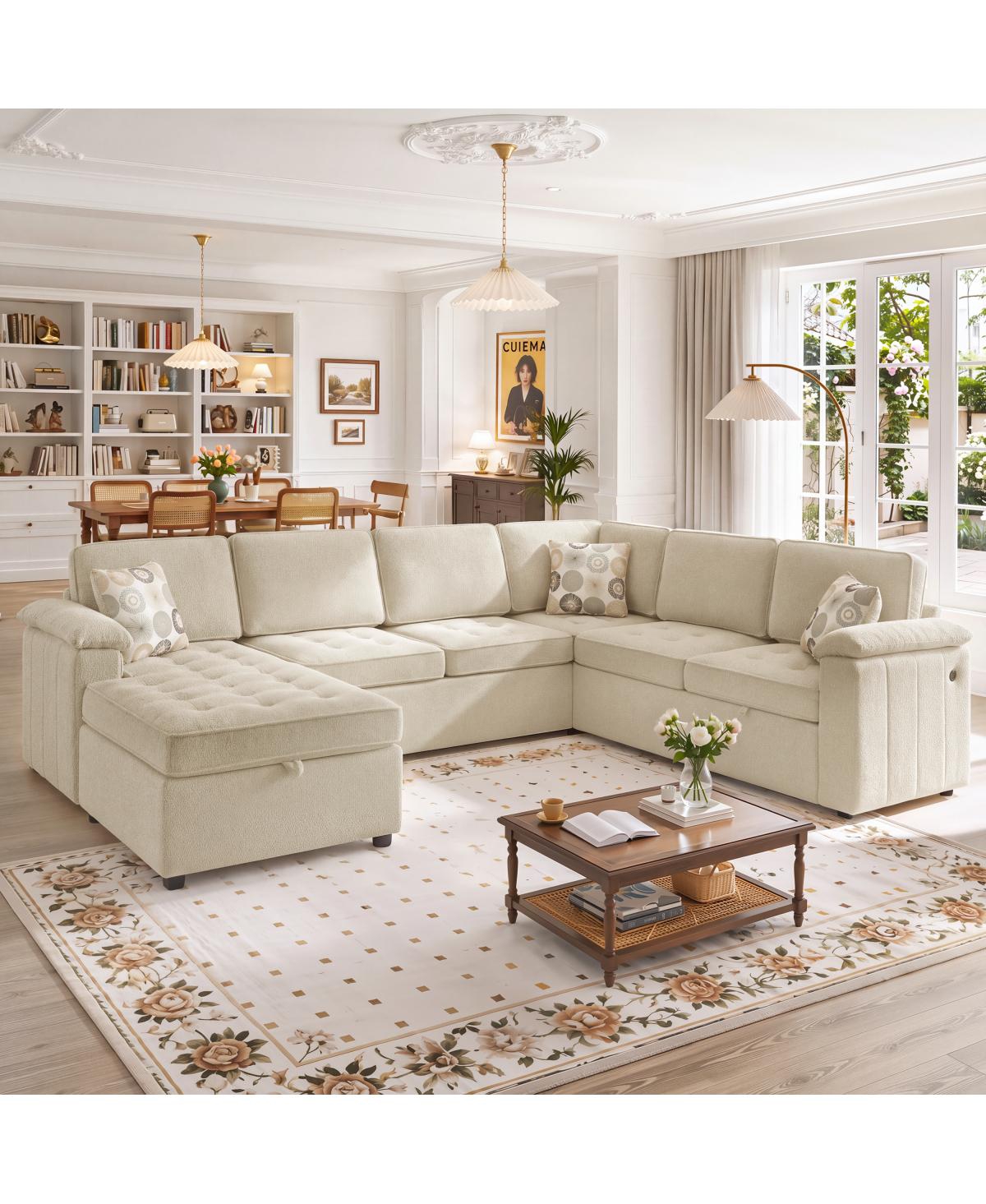 Streamdale Furniture Modern U-Shaped Chenille Sectional Sofa with Storage Chaise and Usb Ports