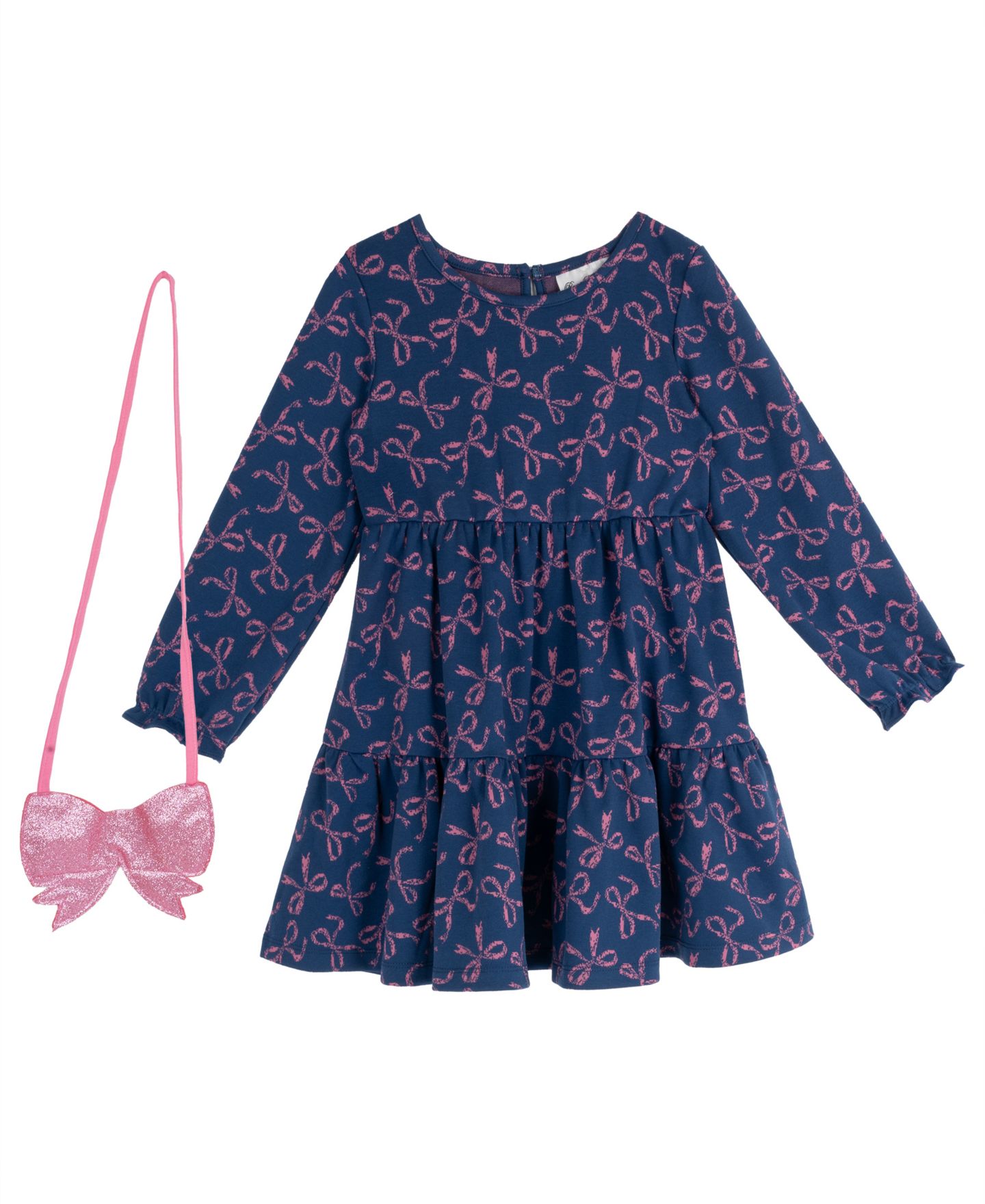 Комплект Rare Editions Bow-Print Tiered Long-Sleeve Dress and Bag, 2-Piece Set для девочек, цвет: Тёмно-синий — фото 4