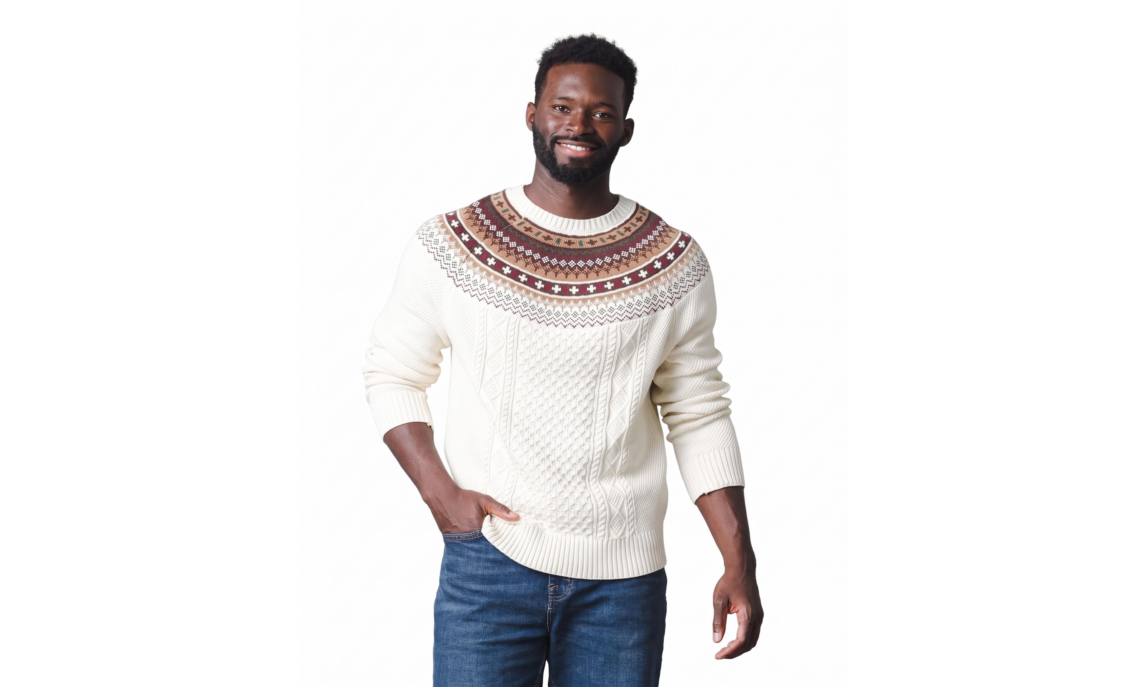Hope & Henry Men's Fair Isle Cable-Knit Sweater