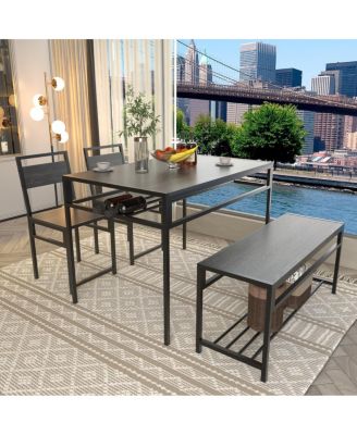 5-Piece Industrial Dining Table Set with Chairs, Storage Bench and Wine Rack