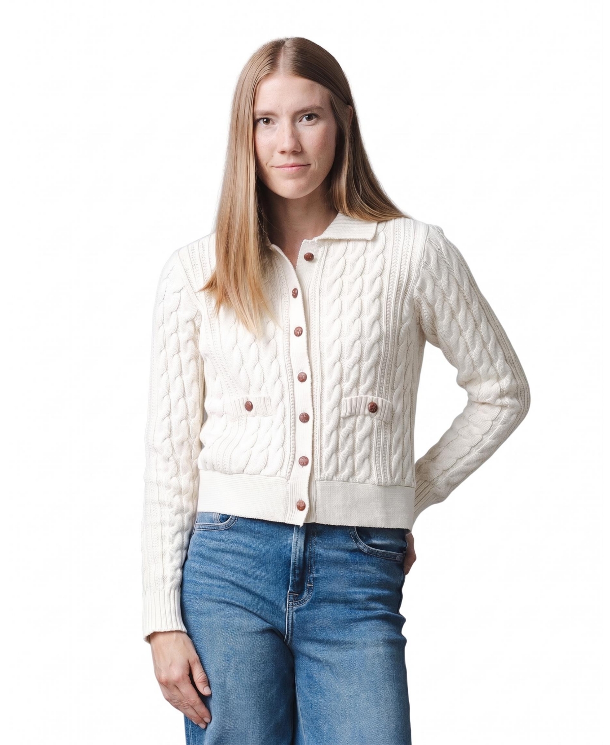Hope & Henry Women's Cable-Knit Collared Button-Front Cardigan