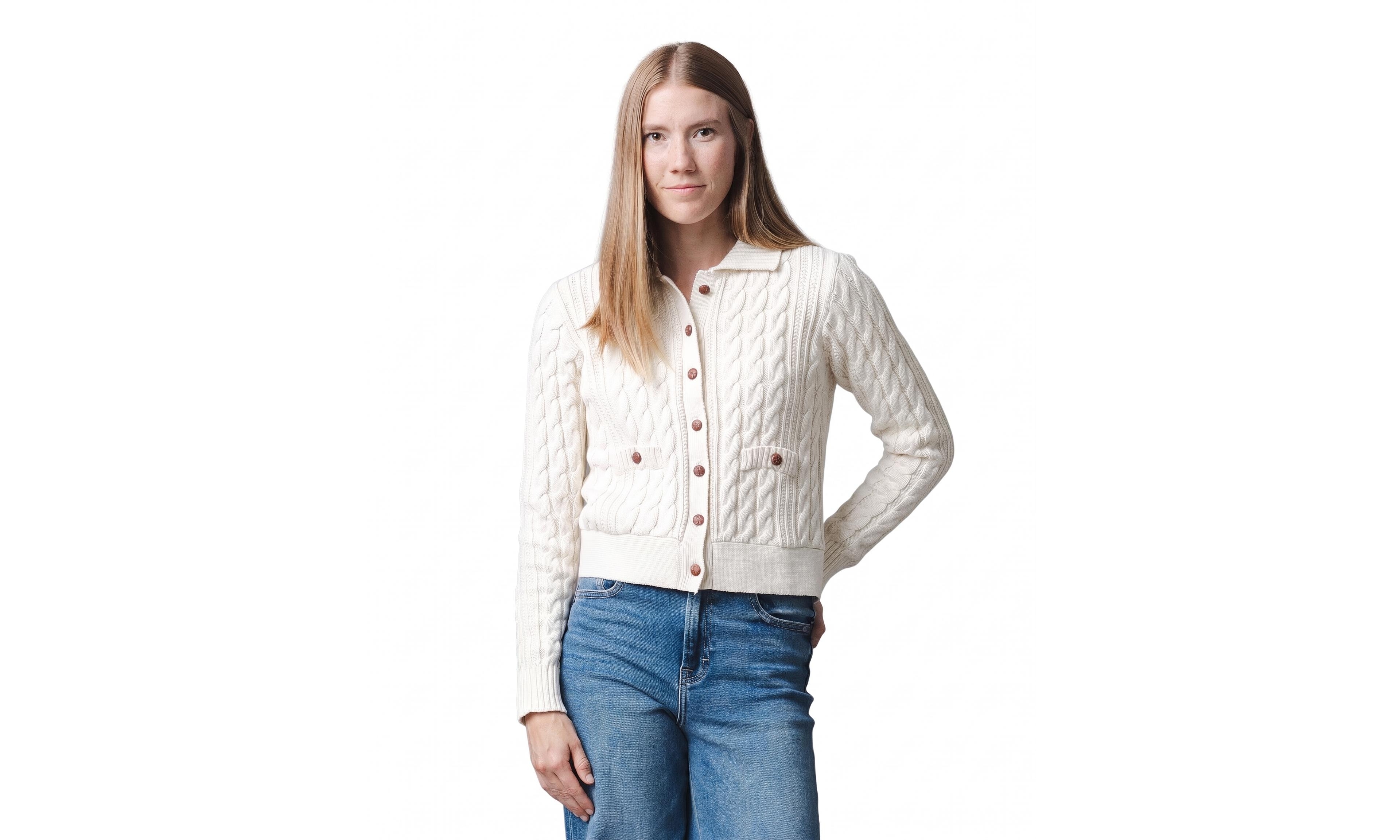 Hope & Henry Women's Cable-Knit Collared Button-Front Cardigan