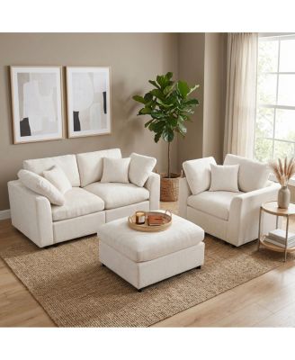 3-Piece Chenille Modular Sofa Set with Ottoman and 2 Pillows