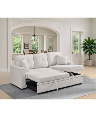 76.5" Linen Blend Upholstered Sectional with Pull-Out Bed and Chaise Storage
