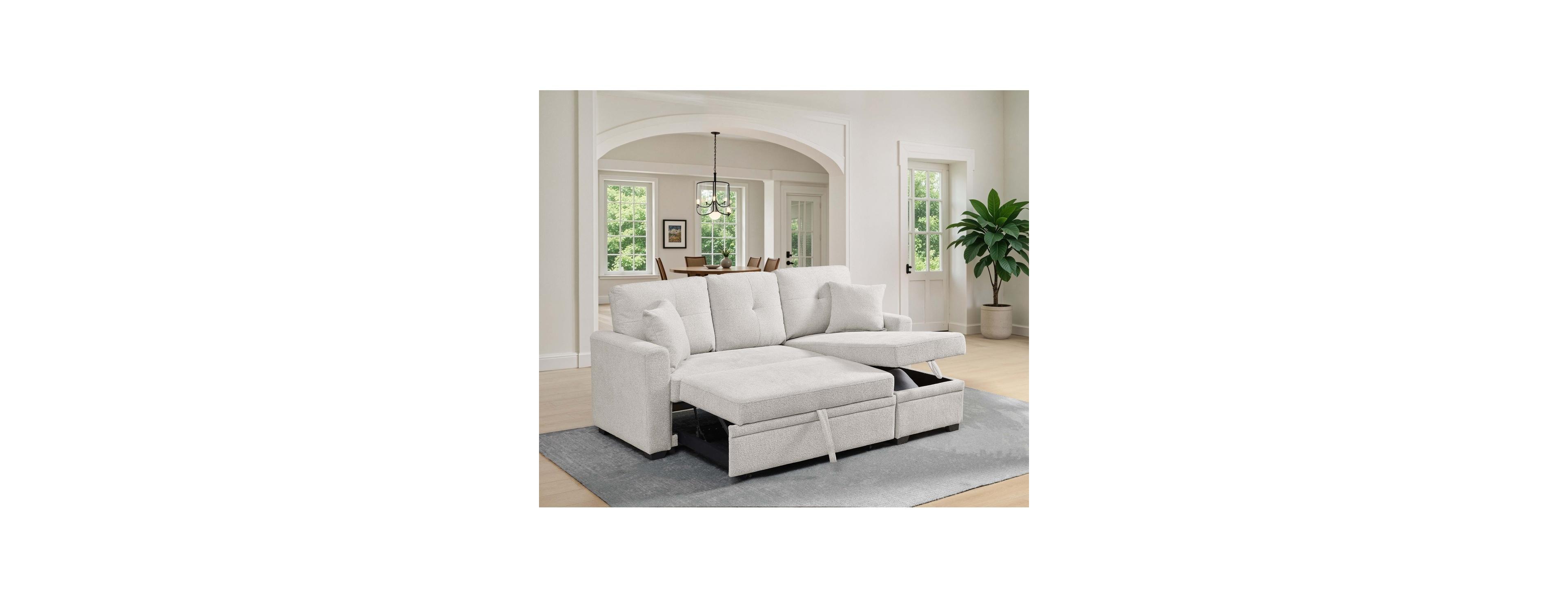 Streamdale Furniture 76.5" Linen Blend Upholstered Sectional with Pull-Out Bed and Chaise Storage