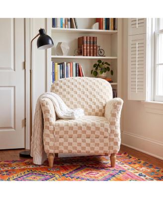 Checkered Corduroy Accent Armchair with Wood Legs