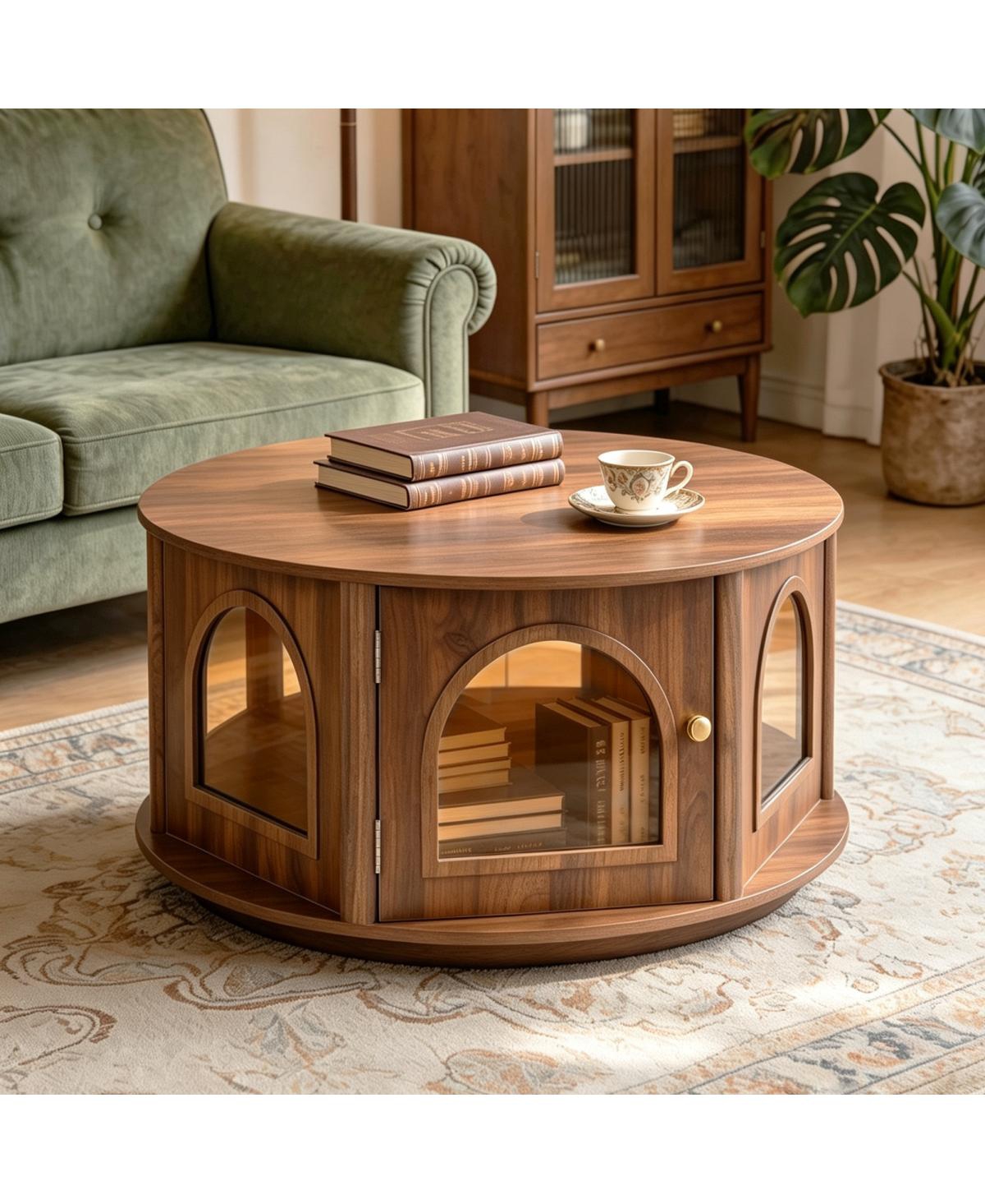 Streamdale 31.5" Round Coffee Table with Storage and Pet House in Walnut Wood Grain - Walnut