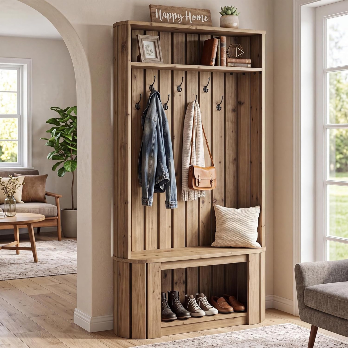 Tribesigns Solid Wood Hall Tree with Bench and Shoe Storage, Freestanding Wood Coat Rack with 7 Hooks for Entryway Bedroom