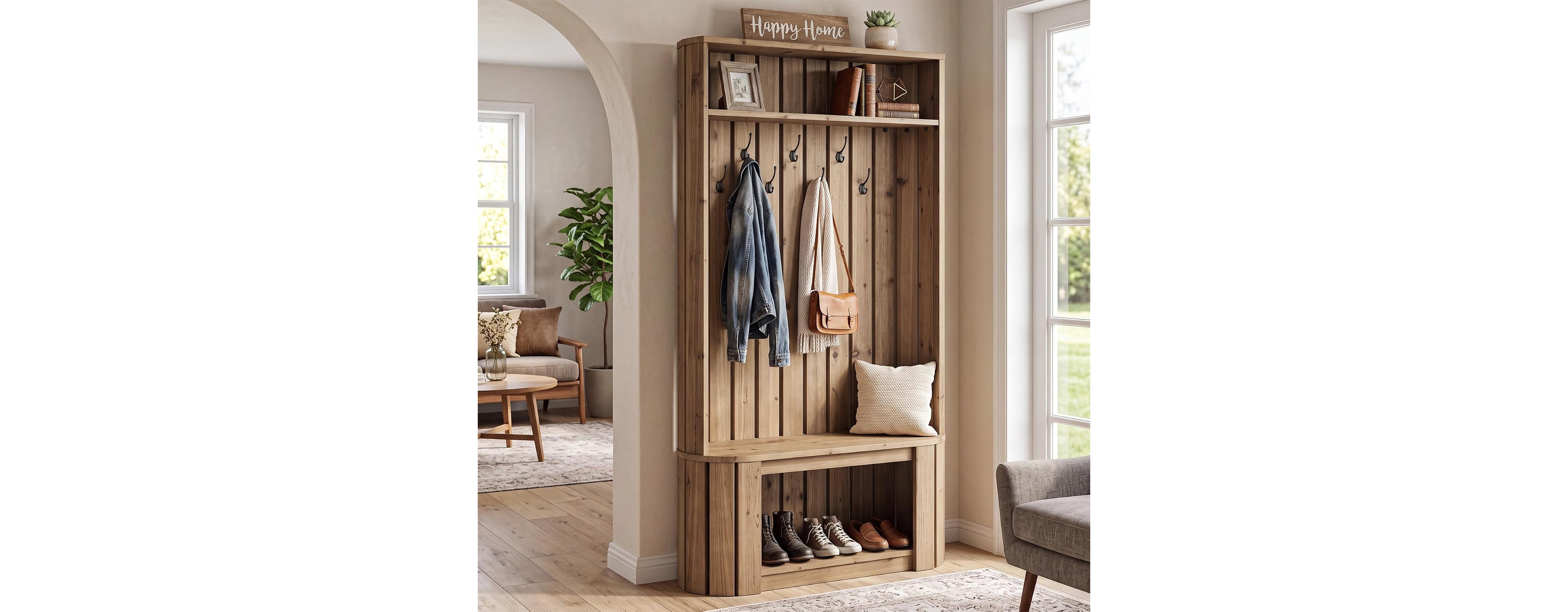 Tribesigns Solid Wood Hall Tree with Bench and Shoe Storage, Freestanding Wood Coat Rack with 7 Hooks for Entryway Bedroom